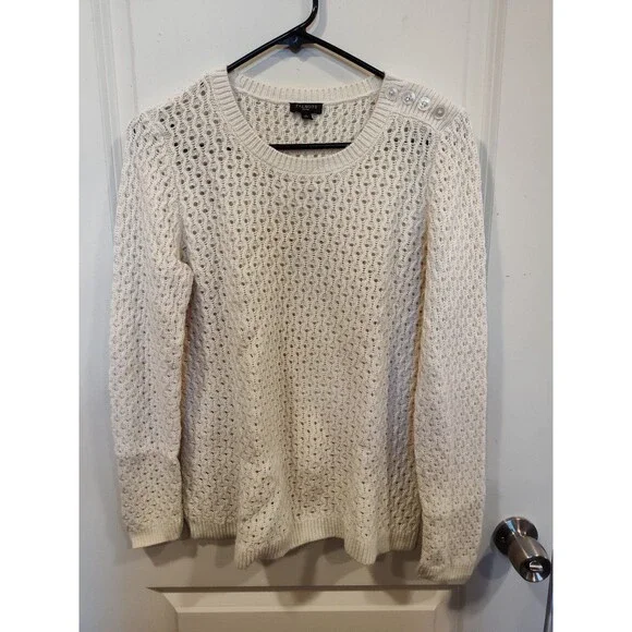 Women's Talbots Open Knit Crewneck Sweater Lamb's Wool Petite Medium Cream - Picture 2 of 6